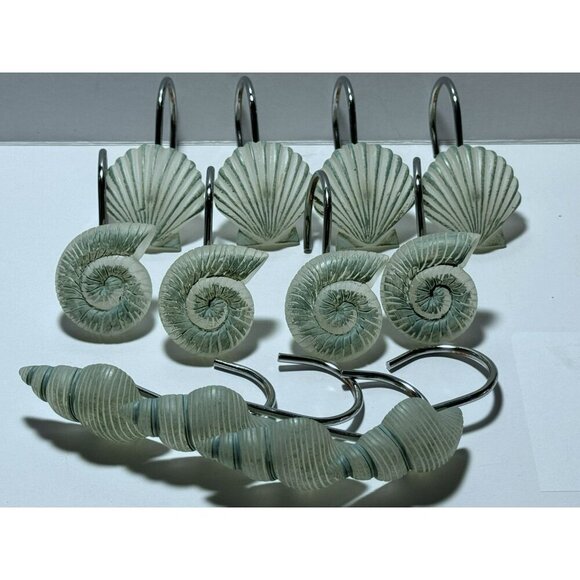 Nautical Theme Shower Curtain Hooks Set Shell Nautilus Conch Design Silver Hooks - Picture 1 of 4